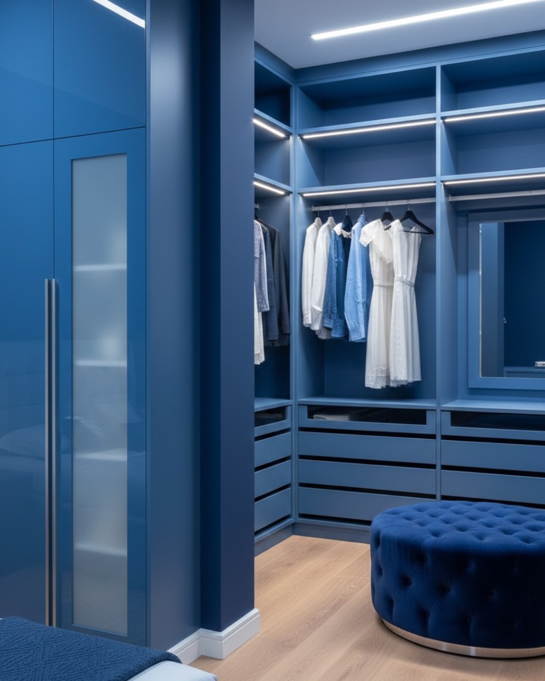 Closet planejado azul com prateleiras iluminadas, cabideiros e gaveteiros sob medida
