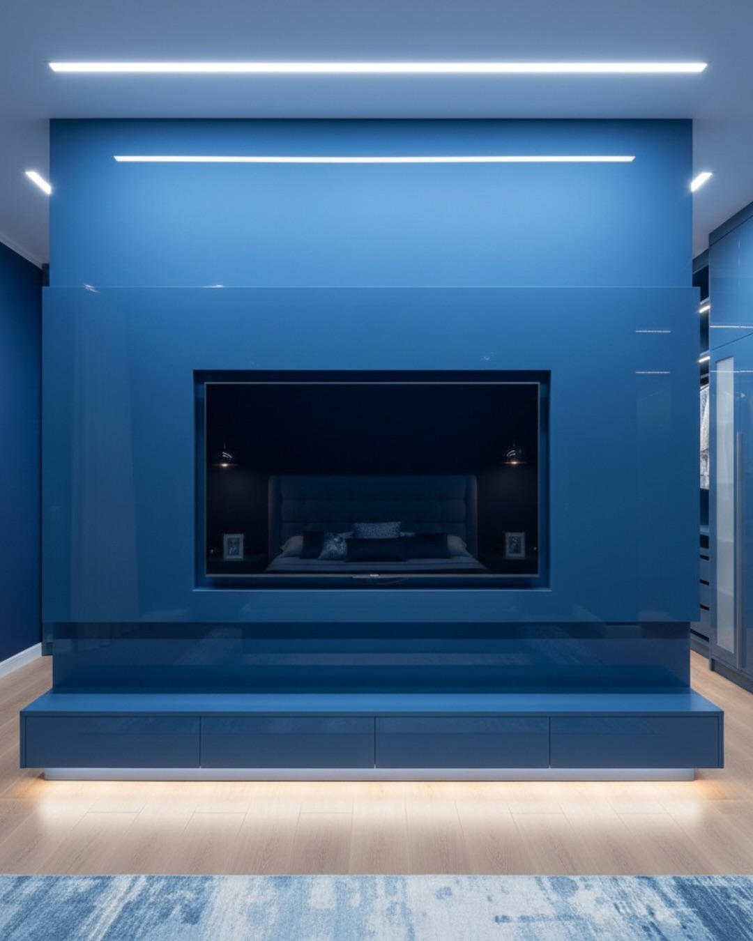 Painel de TV azul laqueado com rack suspenso e iluminação em LED no quarto planejado