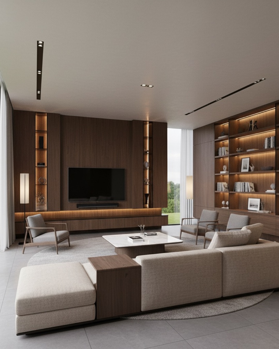 Sala de estar com painel de TV amadeirado, rack suspenso e estante iluminada em LED