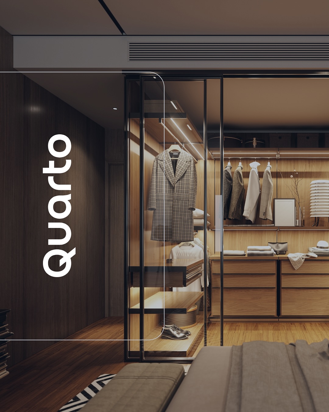 Quarto planejado com closet de portas de vidro, iluminação em LED e gaveteiros sob medida