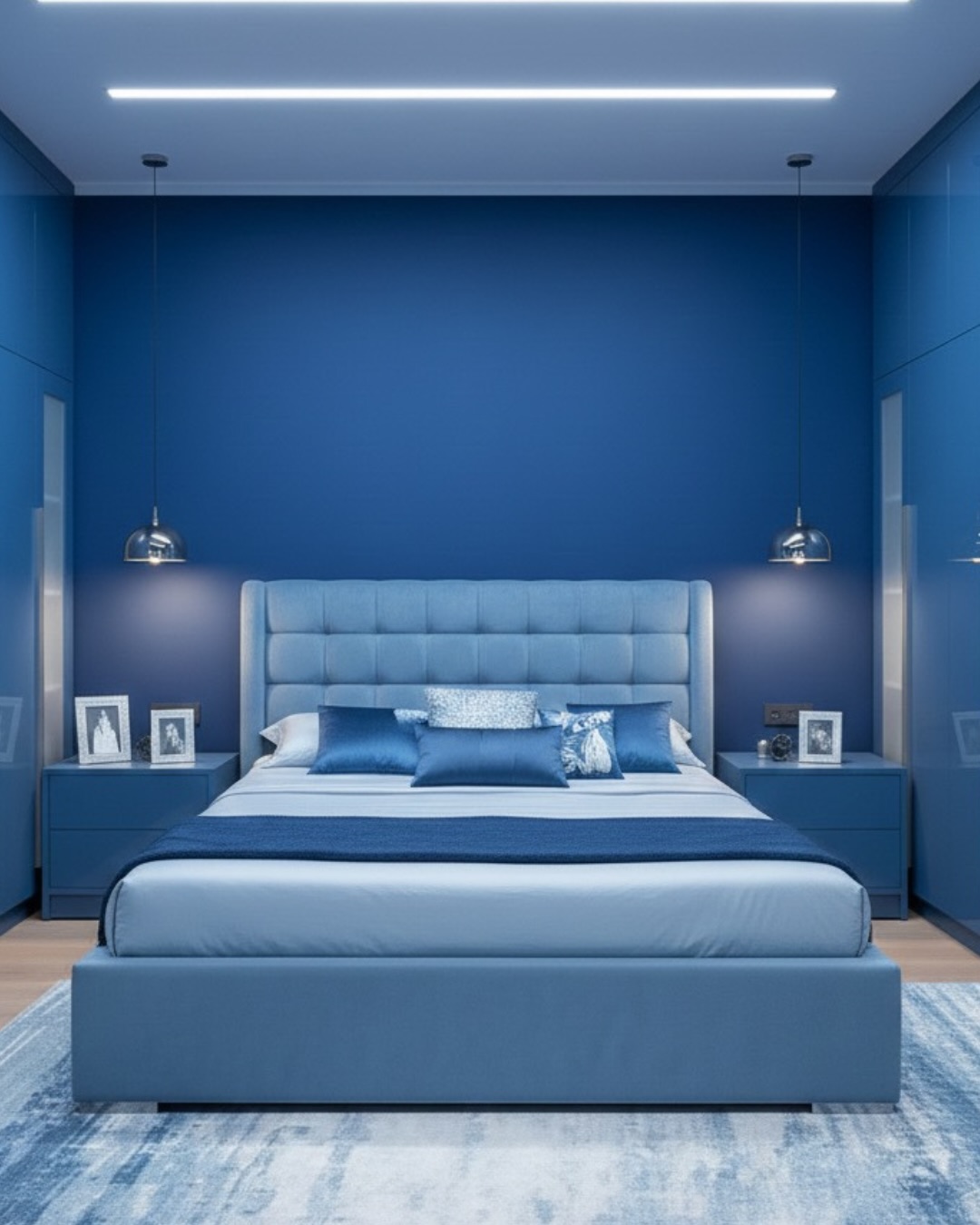Quarto planejado azul com cabeceira estofada, criados-mudos sob medida e iluminação linear